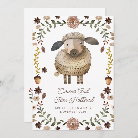 Niedliche Watercolor Sheep Schwangerschaft Ankündigung (Vorne/Hinten)