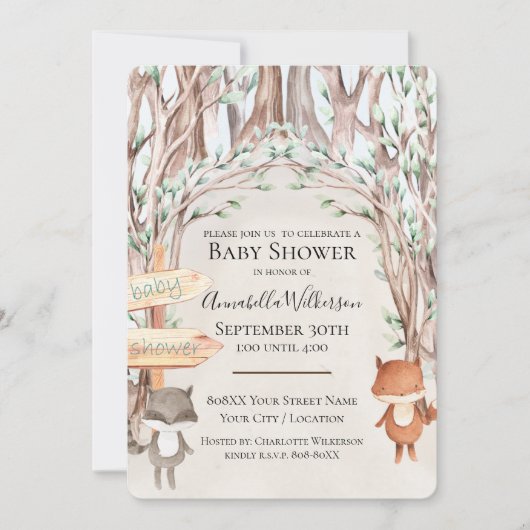 Niedliche Watercolor Woodland Baby Animes Einladung (Vorderseite)