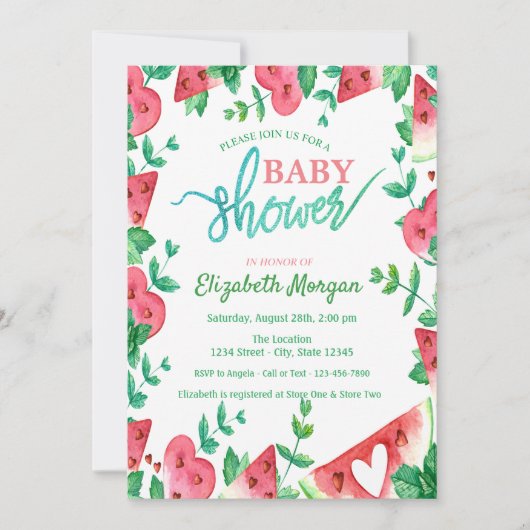 Niedliche Watermelon Herzbabydusche Einladung (Vorderseite)