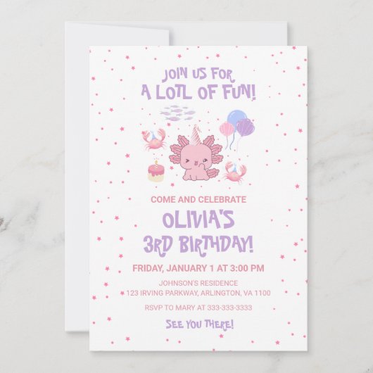 Niedliche weiche Axolotl Kids Pink Stars Spaß Gebu Einladung (Vorderseite)