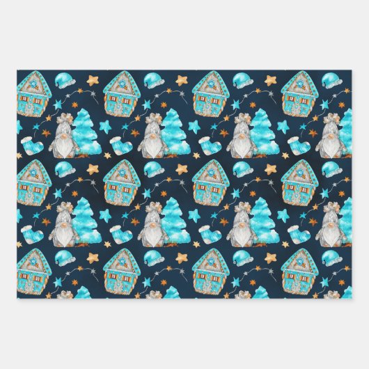 Niedliche Weihnachten Blaue Skandinavier Gnomes Geschenkpapier Set (Vorderseite 2)