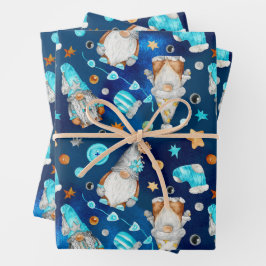 Niedliche Weihnachten Blaue Skandinavier Gnomes Geschenkpapier Set