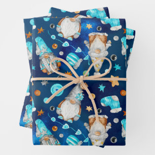 Niedliche Weihnachten Blaue Skandinavier Gnomes Geschenkpapier Set