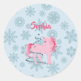 Niedliche Weihnachten Einhorn Rosa Girl Snowflake Runder Aufkleber