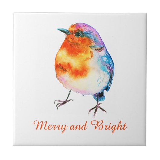 Niedliche Weihnachten Robin Watercolor Merry and B Fliese (Vorderseite)