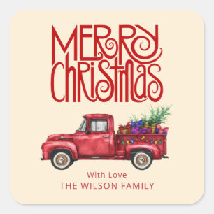 Niedliche Weihnachten Vintager Truck Urlaubsbaum Quadratischer Aufkleber