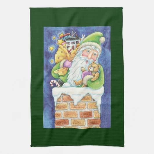 Niedliche Weihnachten, Weihnachtsmann im Schornste Geschirrtuch (Vertikal)