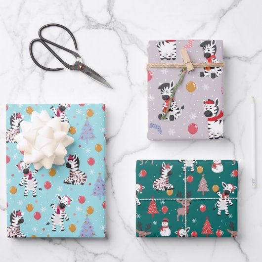 Niedliche Weihnachten Zebra und Freunde Geschenkpapier Set (Vorderseite)