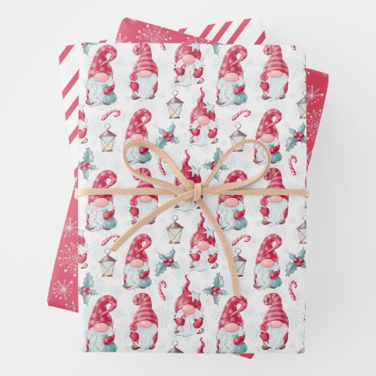 Niedliche Weihnachts-Gnome-Schneeflocken Streifen Geschenkpapier Set (Beispiel)