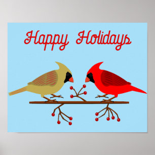 Niedliche Weihnachts-Kardinäle und Red Berries Cus Poster
