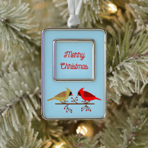 Niedliche Weihnachts-Kardinäle und Red Berries Cus Rahmen-Ornament Silber