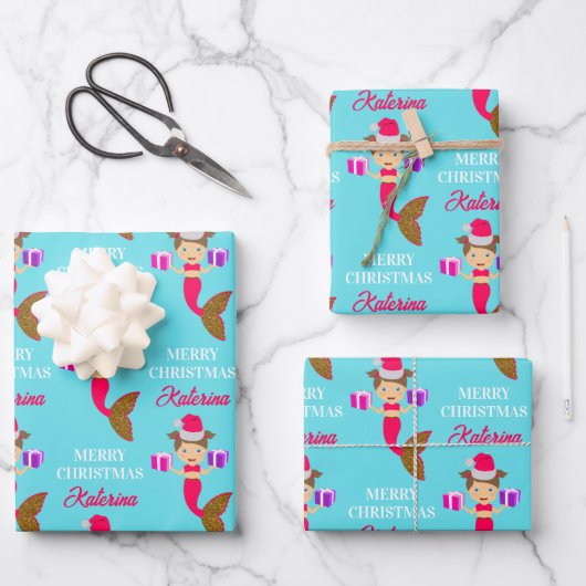 Niedliche Weihnachts-Meerjungfrau-Weihnachtsmannmü Geschenkpapier Set (Vorderseite)