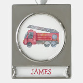 Niedliche Weihnachts-personalisiert-Feuerwehrwagen Banner-Ornament Silber (Vorderseite)
