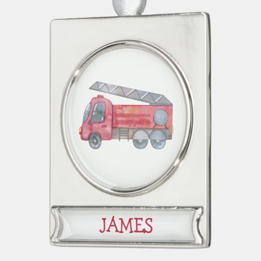 Niedliche Weihnachts-personalisiert-Feuerwehrwagen Banner-Ornament Silber (Links)
