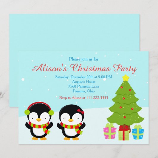 Niedliche Weihnachts-Pinguine und Baum Einladung (Vorne/Hinten)
