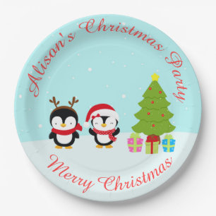 Niedliche Weihnachts-Pinguine und Baum Pappteller