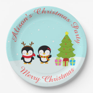 Niedliche Weihnachts-Pinguine und Baum Pappteller