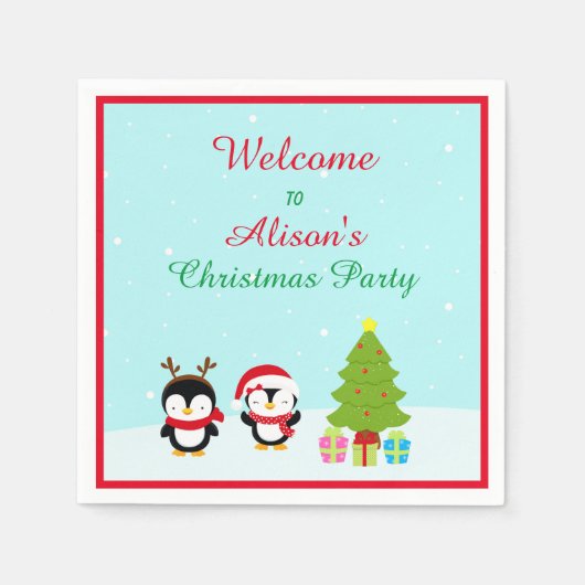 Niedliche Weihnachts-Pinguine und Baum Serviette (Vorderseite)