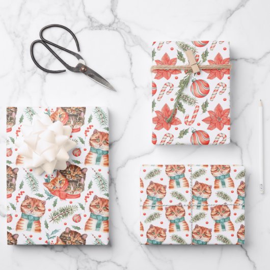 Niedliche Weihnachts-Wasserfarbenkatzen Geschenkpapier Set (Vorderseite)