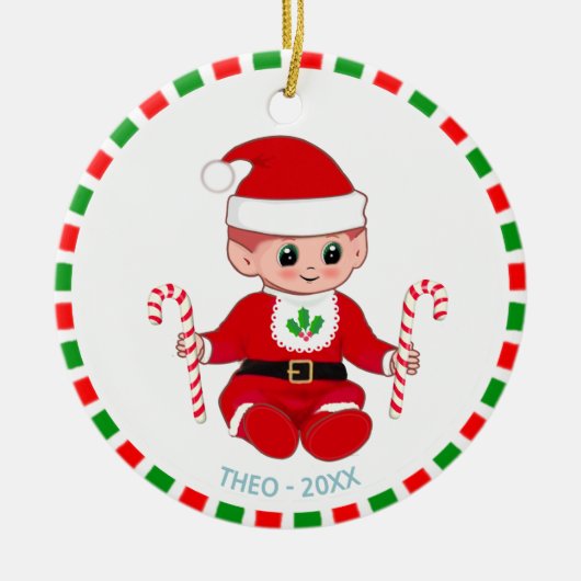 Niedliche Weihnachts-Weihnachtself und Candy Canes Keramik Ornament (Vorne)