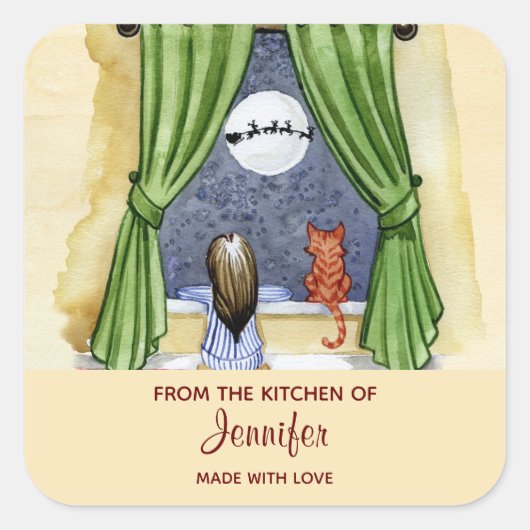 Niedliche Weihnachtsabend Szene Wasserfarbe Küche Quadratischer Aufkleber (Vorderseite)