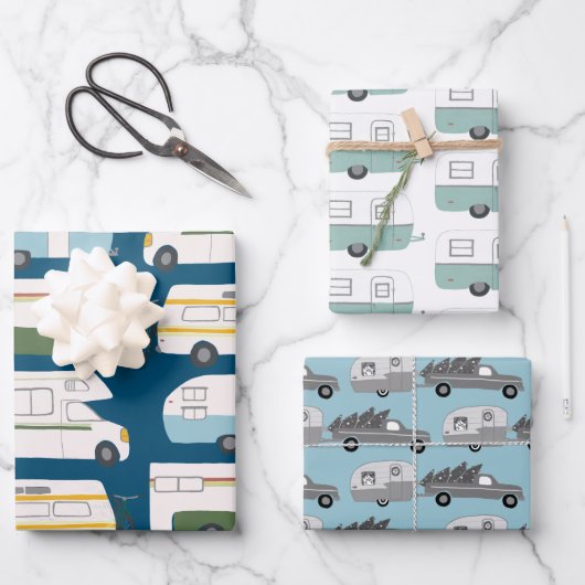 Niedliche Weihnachtsanhänger LKWs Farbenfrohe Feri Geschenkpapier Set (Vorderseite)