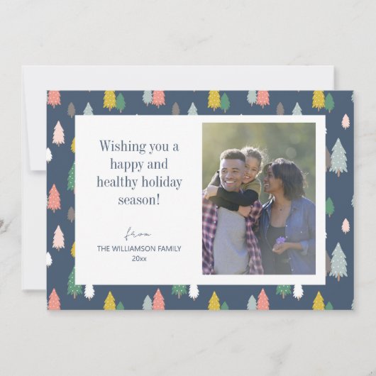 Niedliche Weihnachtsbäume Blaues Foto Feiertagskarte (Vorderseite)