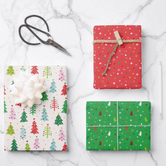 Niedliche Weihnachtsbäume Geschenkpapier Set (Vorderseite)