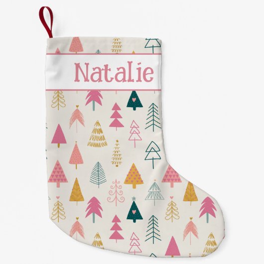 Niedliche Weihnachtsbäume Rosa Muster Name Kleiner Weihnachtsstrumpf (Vorderseite)