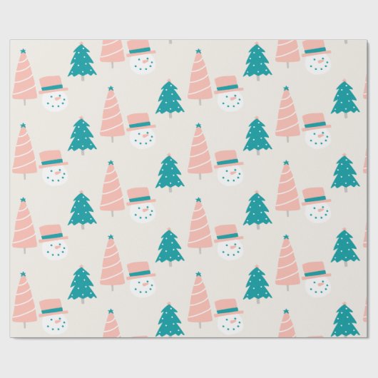 Niedliche Weihnachtsbäume und Schneemänner Geschenkpapier (Flach)