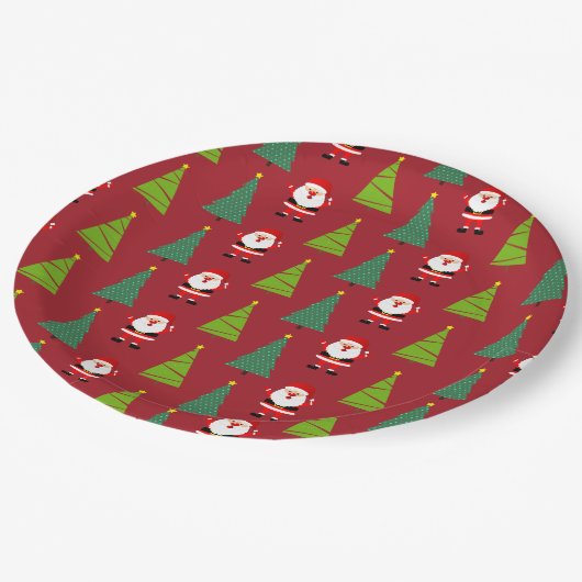 Niedliche Weihnachtsbäume & Weihnachtsklauseln Rot Pappteller (Schrägansicht)