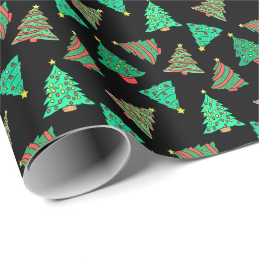 Niedliche Weihnachtsbaumen Gemustert Black Geschenkpapier (Rolleneckpunkt)