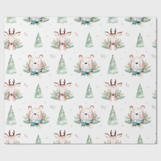 Niedliche Weihnachtsbaumen Waldbären & Hirsche Geschenkpapier (Flach)