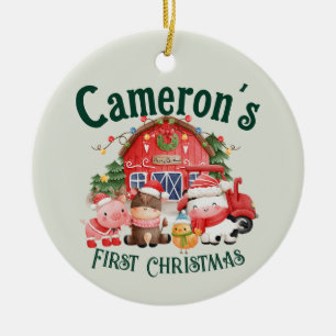 Niedliche Weihnachtsbaumtiere auf grünen Fotos Keramik Ornament