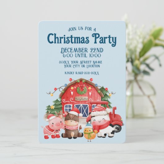 Niedliche Weihnachtsbaumtiere auf Light Blue Einladung (Stehend Vorderseite)