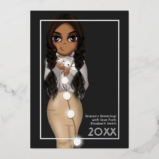 Niedliche Weihnachtsbeleuchtung Afrikanische Ameri Folien Feiertagskarte (Vorderseite)