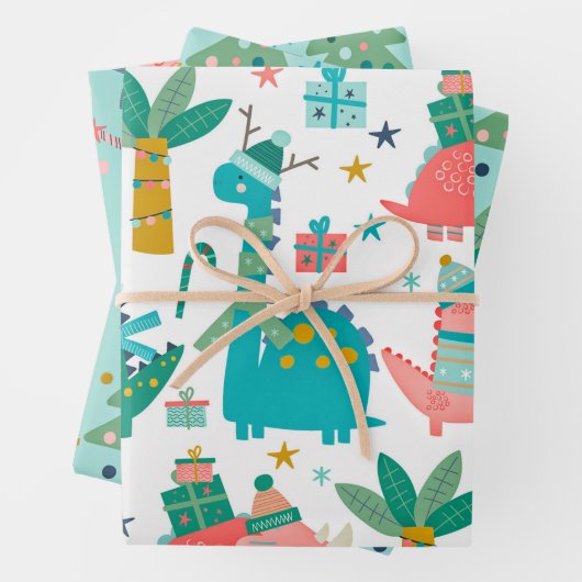 Niedliche Weihnachtsdinosaurier Muster Geschenkpapier Set (Beispiel)