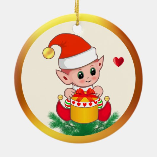 Niedliche Weihnachtself & Herz Keramik Ornament (Hinten)