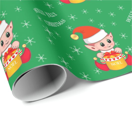 Niedliche Weihnachtself & Schneeflocken auf Grün Geschenkpapier (Rolleneckpunkt)