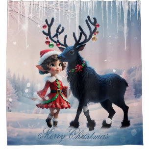 Niedliche Weihnachtself und dunkle Rentiere. Duschvorhang