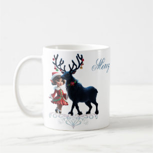 Niedliche Weihnachtself und dunkle Rentiere. Kaffeetasse