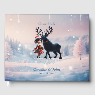 Niedliche Weihnachtself und dunkle Rentiere. Mit g Gästebuch