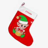 Niedliche Weihnachtself und Geschenkboxen auf Rot Großer Weihnachtsstrumpf (Vorderansicht (hängend))