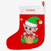 Niedliche Weihnachtself und Geschenkboxen auf Rot Großer Weihnachtsstrumpf (Rückseite)