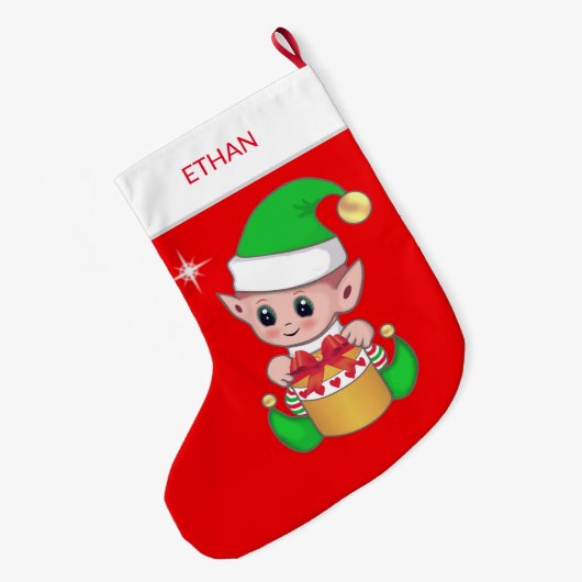 Niedliche Weihnachtself und Geschenkboxen auf Rot Großer Weihnachtsstrumpf (Rückseite (Hängend))