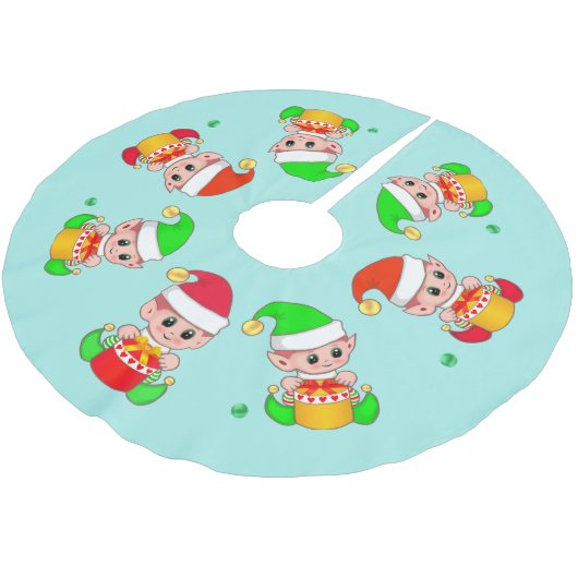 Niedliche Weihnachtselfen Aquamarin Polyester Weihnachtsbaumdecke (Schrägansicht)