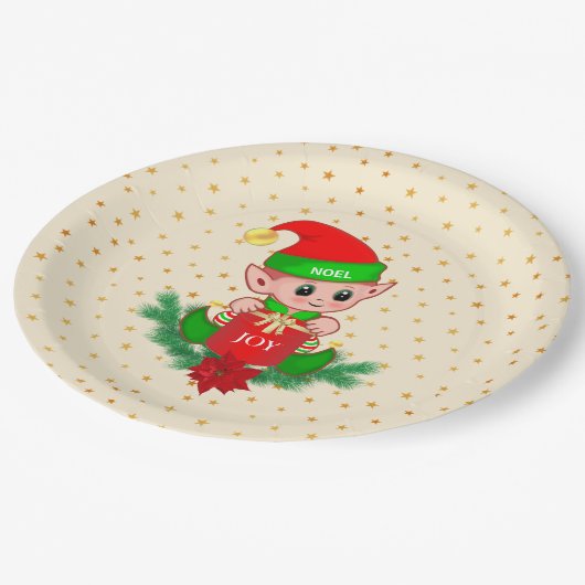 Niedliche Weihnachtselfen & Goldene Sterne auf Lig Pappteller (Schrägansicht)