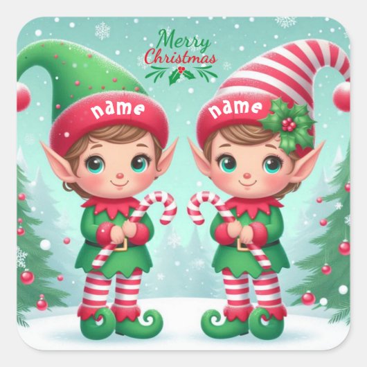 Niedliche Weihnachtselfen Quadratischer Aufkleber (Vorderseite)
