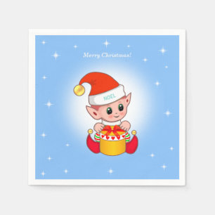 Niedliche Weihnachtselfen & Sterne auf hellblau Serviette
