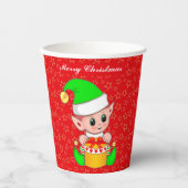 Niedliche Weihnachtselfen und Sterne auf Roten Pap Pappbecher (Vorderseite)